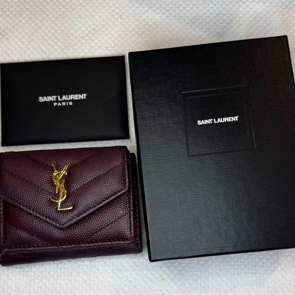 Mini YSL trifold wallet - Burgandy Wine color with Gold emblem